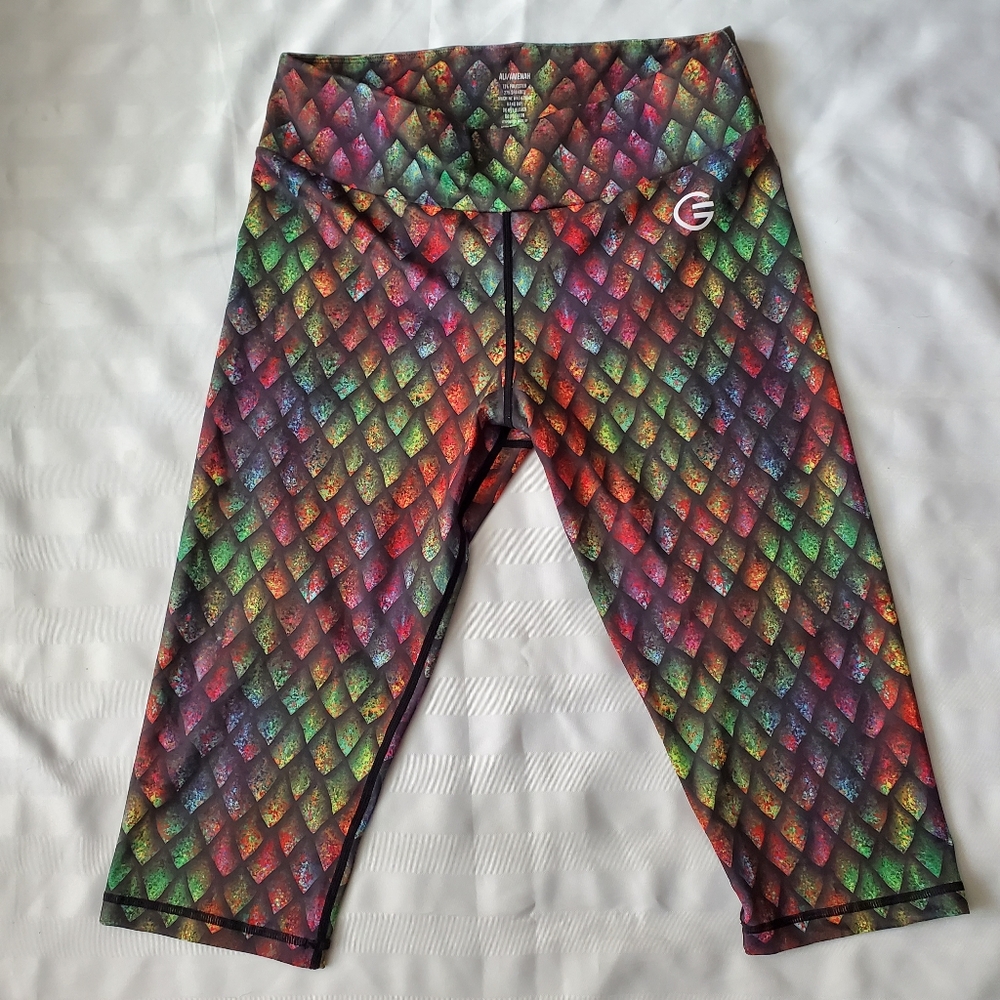 Grrrl rainbow dragon scale Capri leggings.